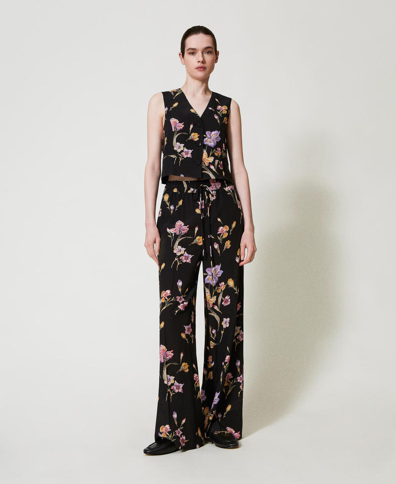 Crêpe de Chine floral trousers with elasticated waist Multicolour/Black Iris Print Woman 251TP2776_12328_02