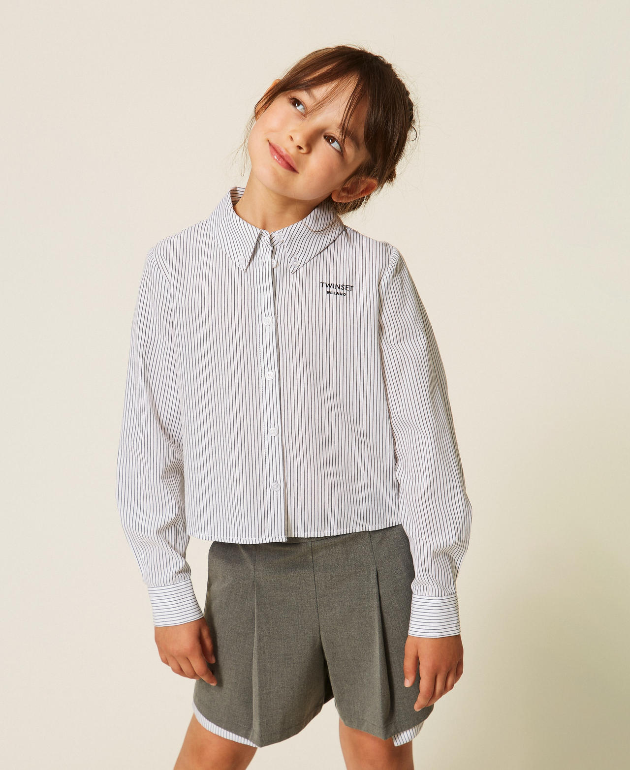 Chemise en popeline ray&eacute;e Rayure Blanc Cass&eacute;/Gris Anthracite Fille 262GJ214A_13821_01
