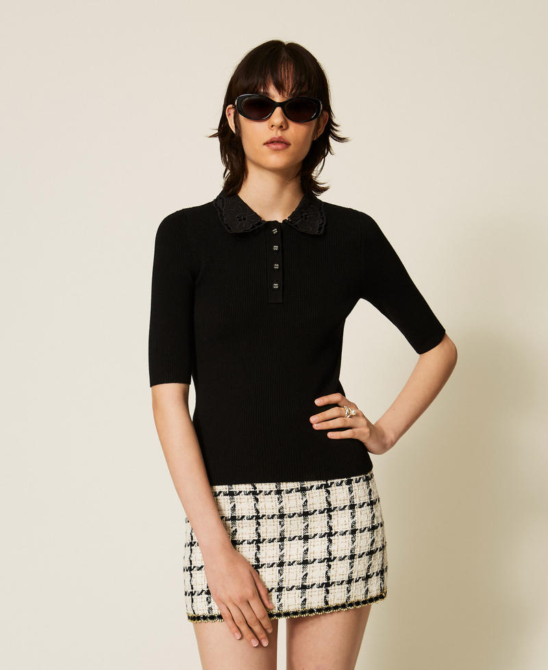 Pull polo avec col en broderie anglaise Noir Femme 262TP3380_00006_01