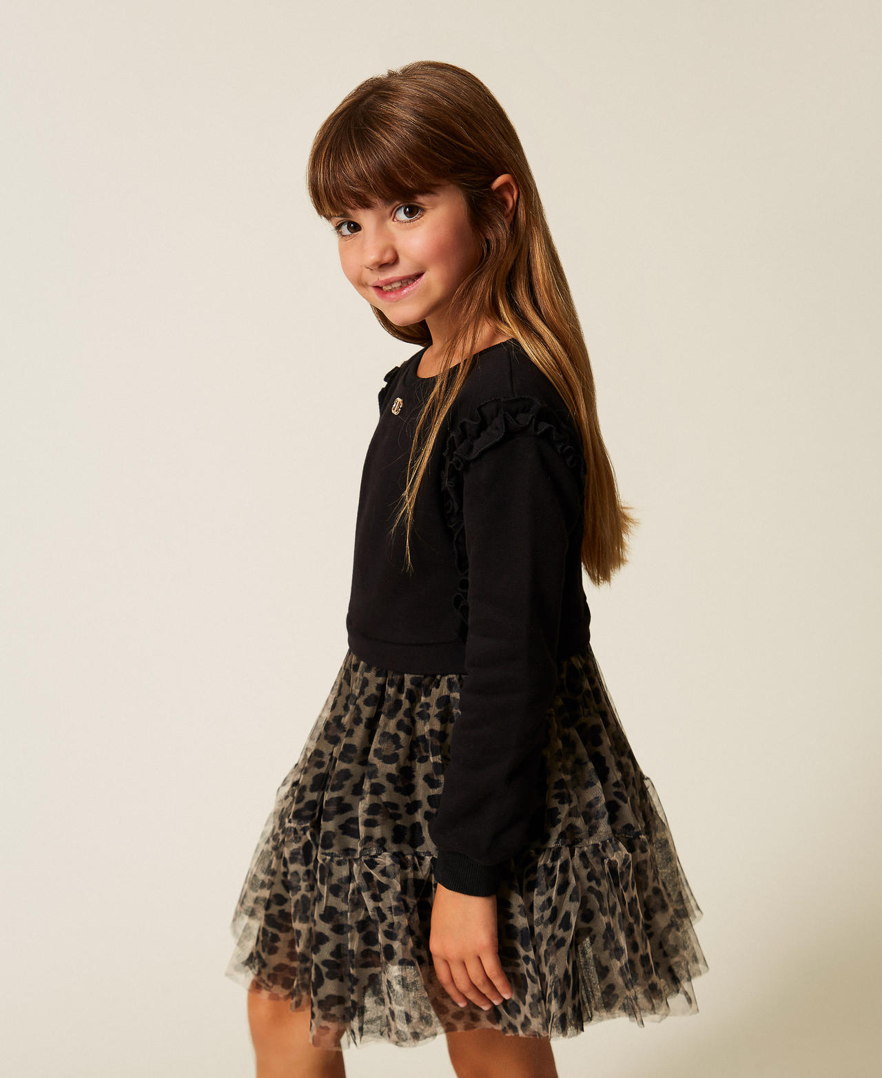 Girls' short plush fabric dress with animal print tulle Two tone Black/Leopard Print Girl 252GB2130_12723_02