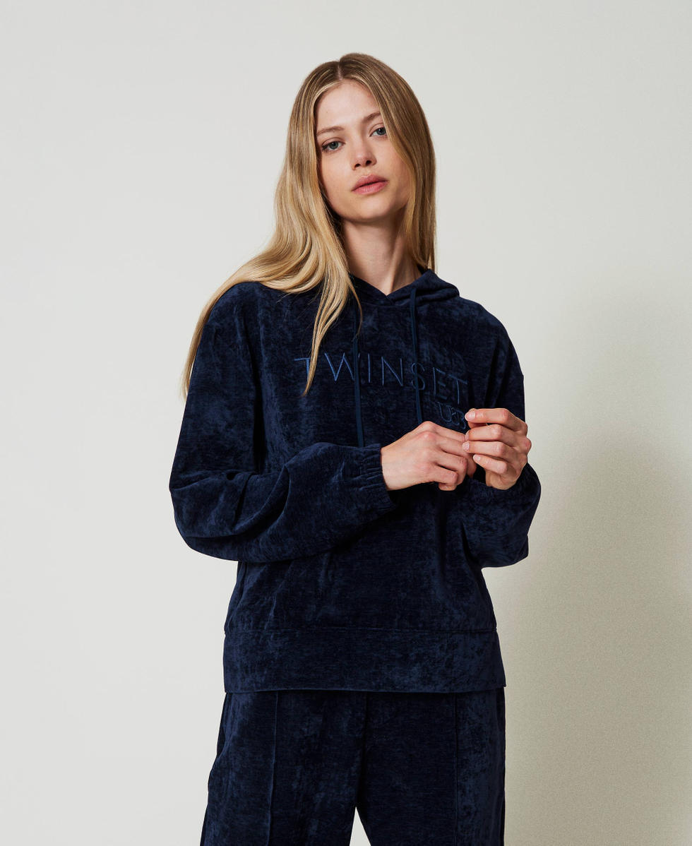 Velvet hoodie with embroidered logo Woman Blue TWINSET Milano