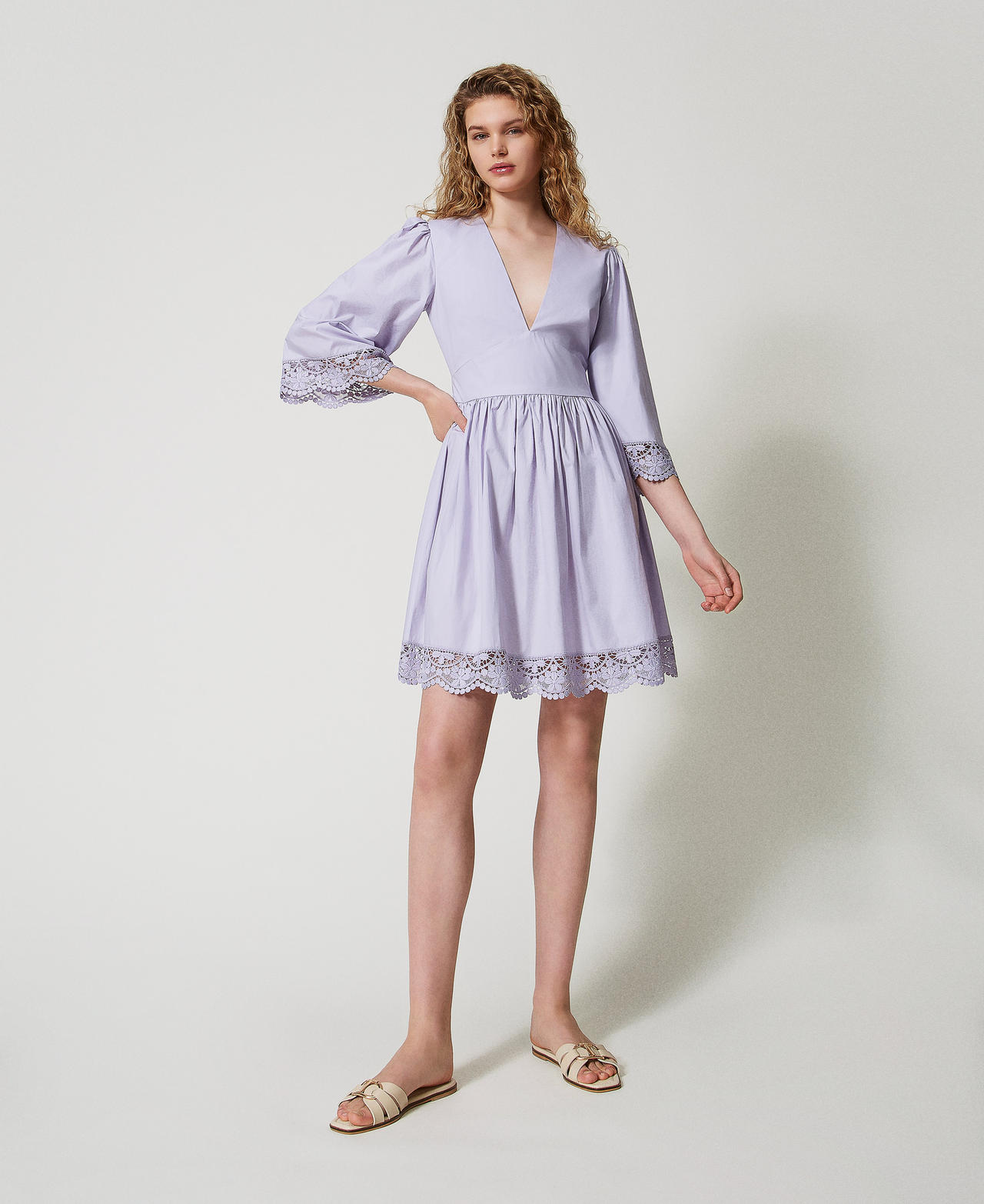 Abito corto in popeline con pizzo Fiori di Lillà Donna 251TT2092_00703_02