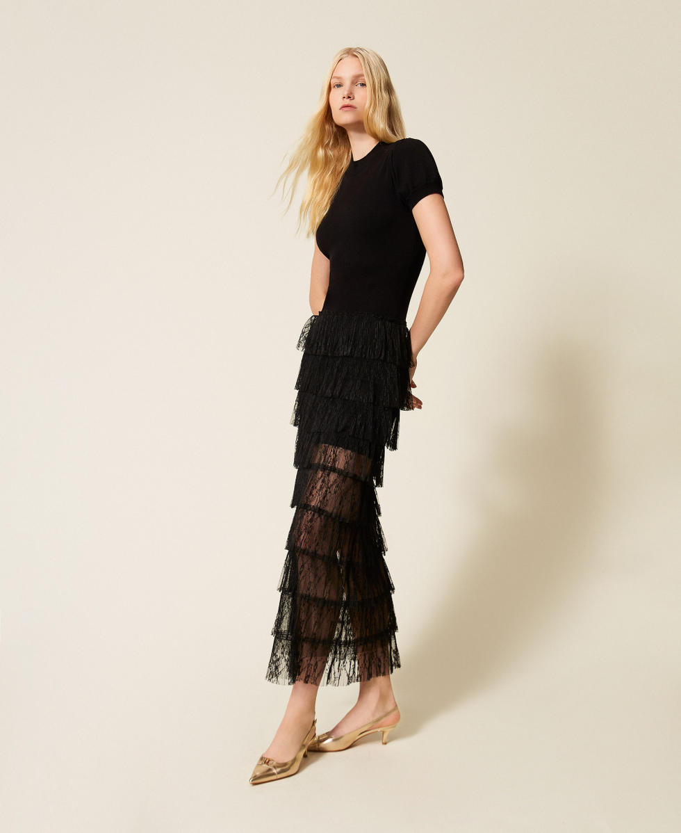 Langes Kleid aus Strick mit Plumetis-Spitze Schwarz Frau 261TP3163_00006_02