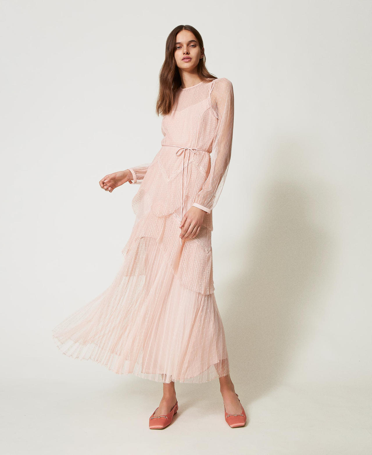 Long tulle dress with pleated flounces Woman, Pink | TWINSET Milano