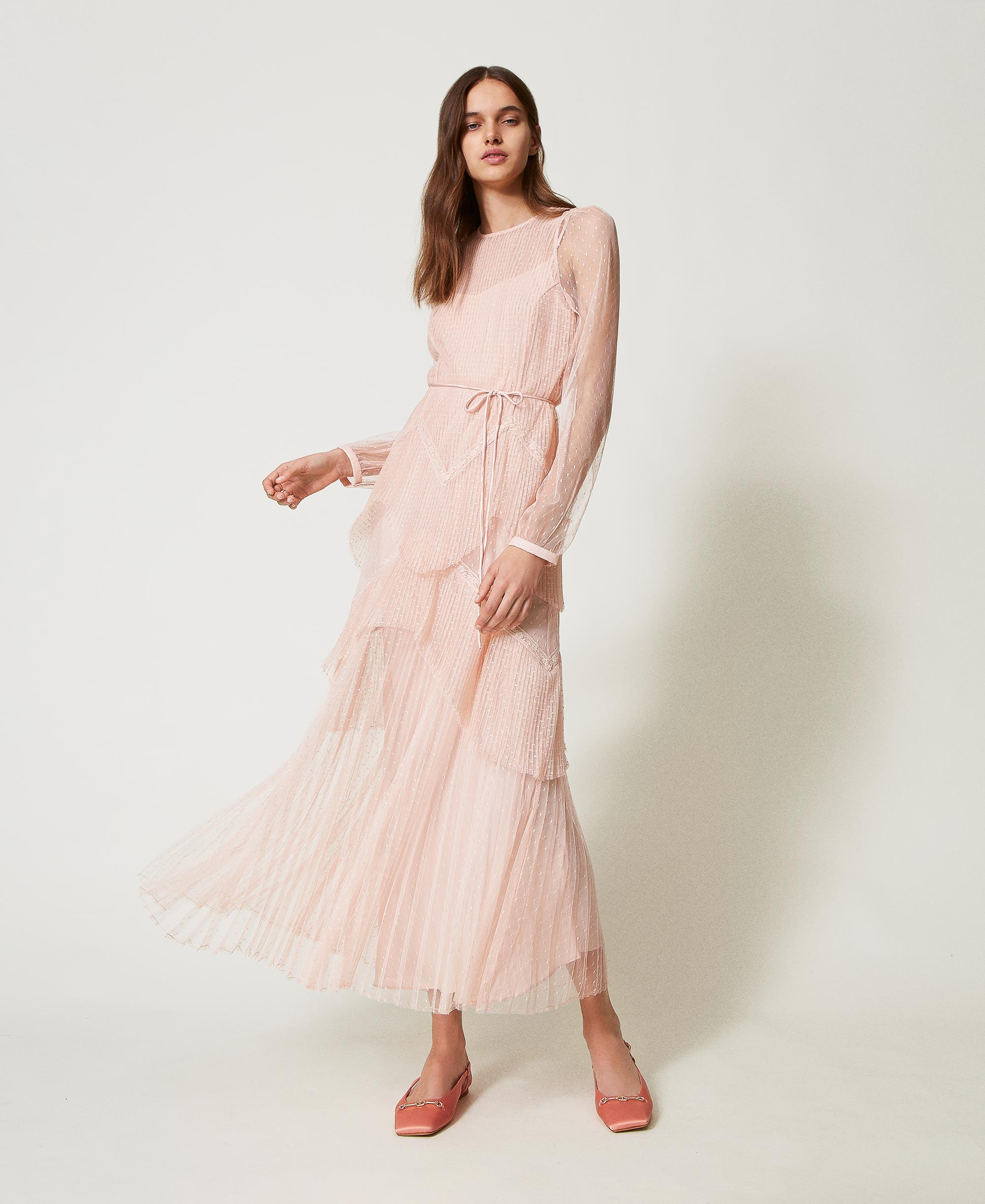Long tulle dress with pleated flounces