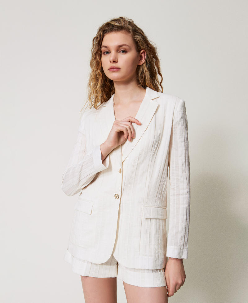 Blazer en lin m&eacute;lang&eacute; ray&eacute; Blanc Neige Femme 251TT2140_00282_04