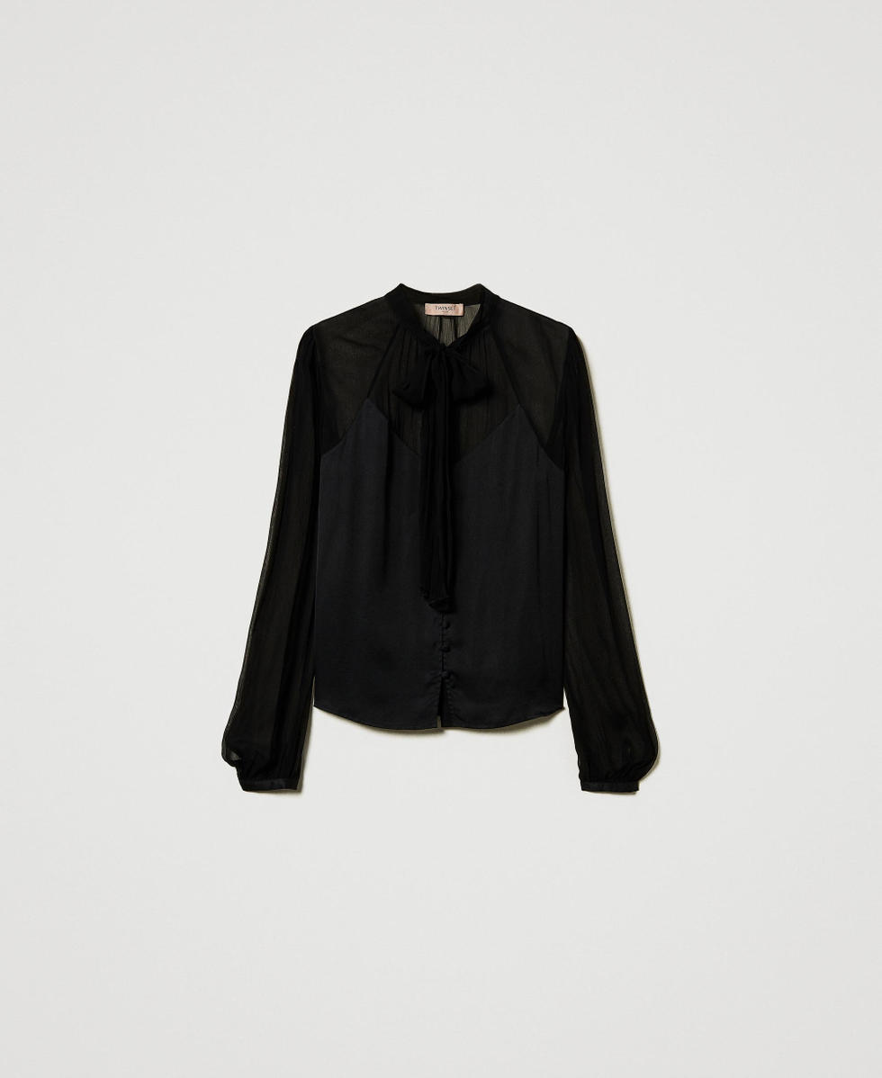 Chemise en satin et mousseline Noir Femme 242TT2181_00006_S0
