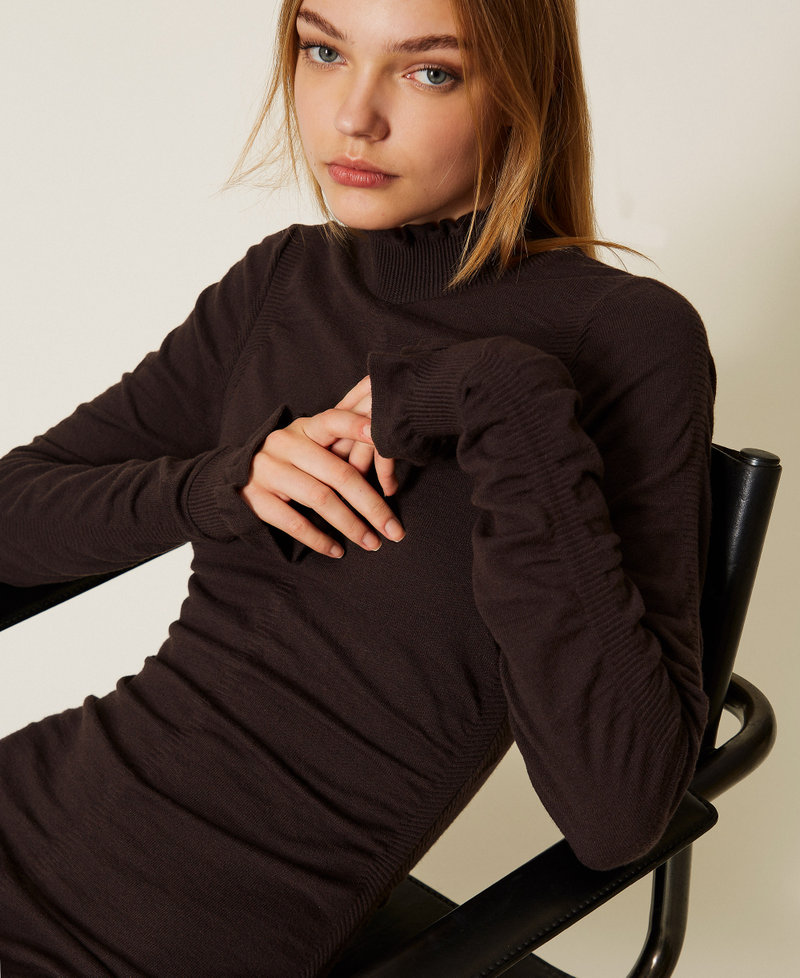 Long knit dress with gathering Black Chocolate Woman 252TT3152_11054_04