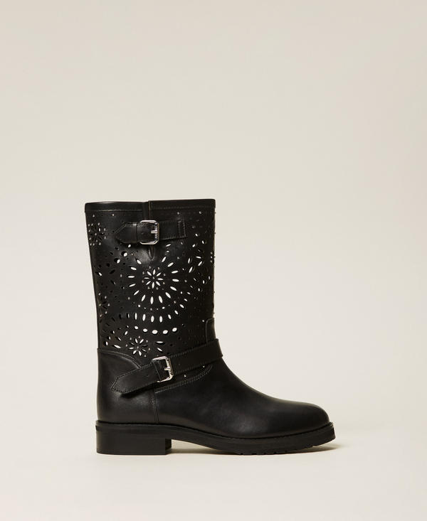 Openwork leather biker boots