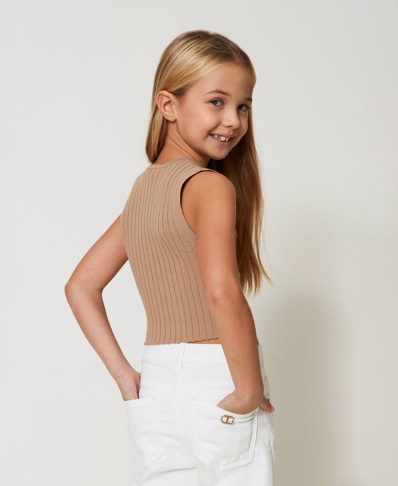 Rib knit top with Oval T Beige Hemp Girl 251GJ3404_00310_03