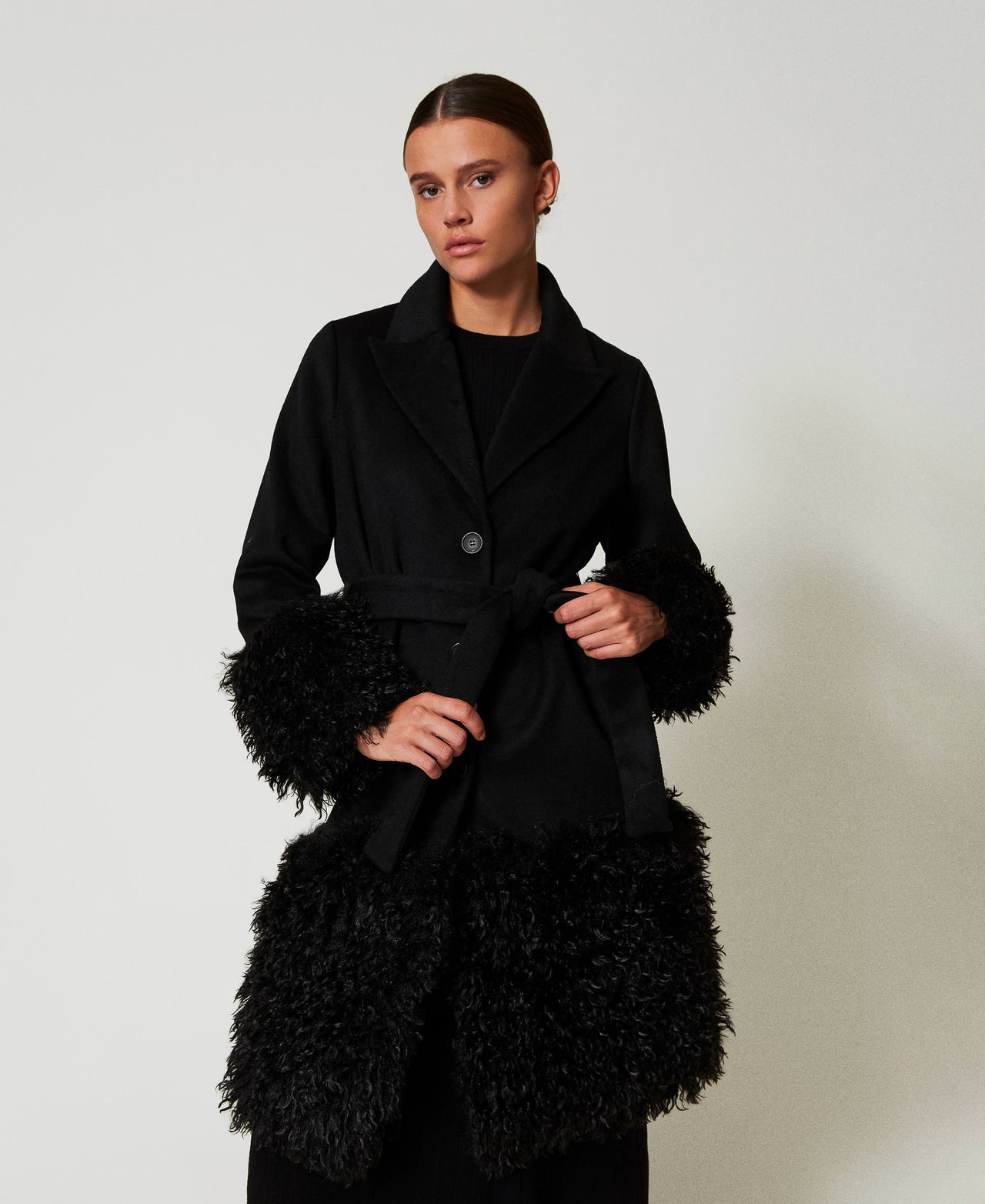 Wool blend cloth coat with faux fur Black Woman 242TT2400_00006_02