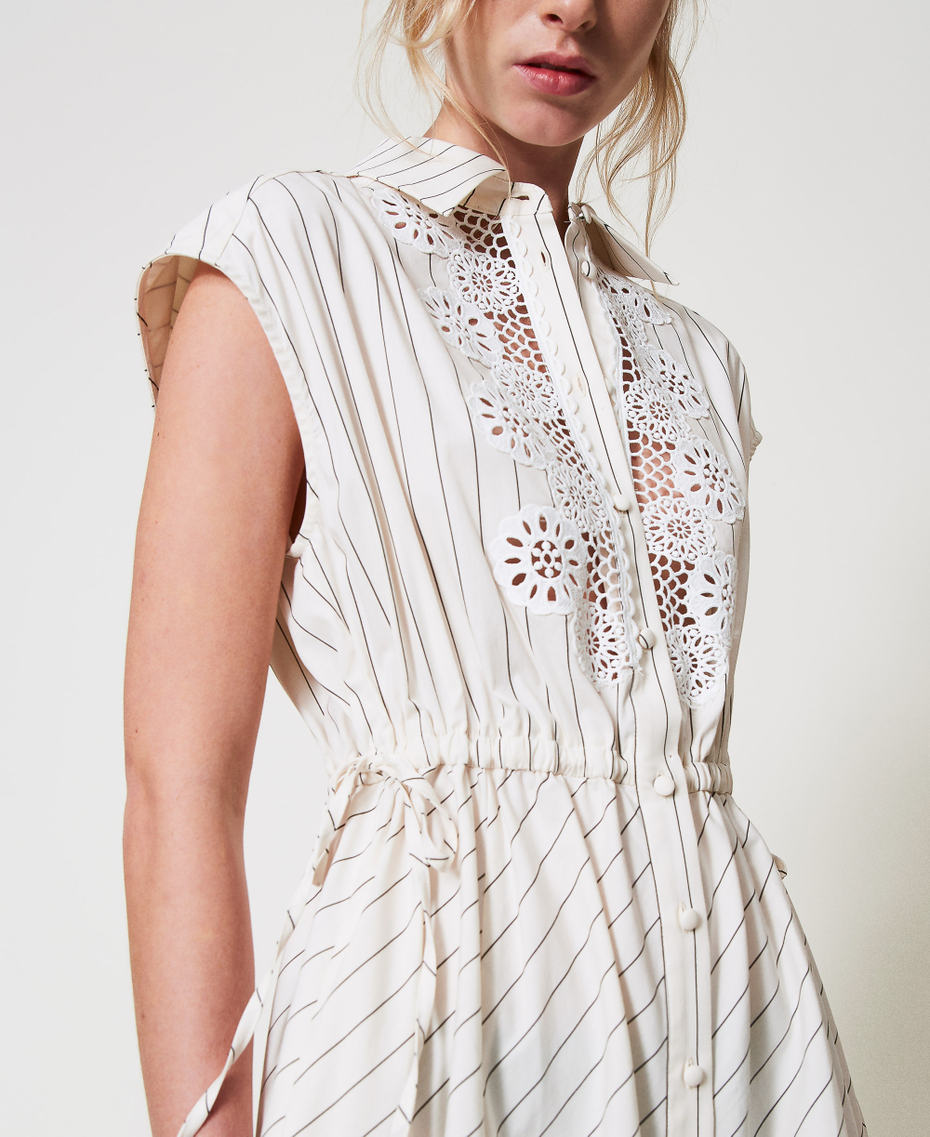 Long poplin dress with macramé Angora Beige/Black Stripes Woman 251AP2486_12235_03