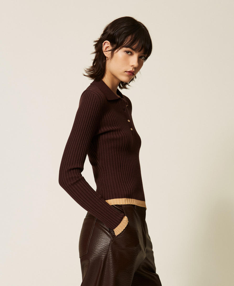 Rib-knit polo jumper Two-tone Chocolate Plum/"Iced Coffee" Brown Woman 262AP3212_13760_02