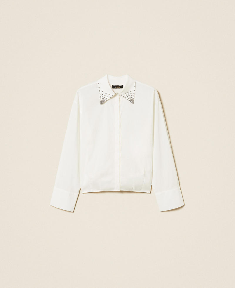 Hemdbluse aus Popeline mit Strass Mattwei&szlig; Frau 261AP2125_00526_S0