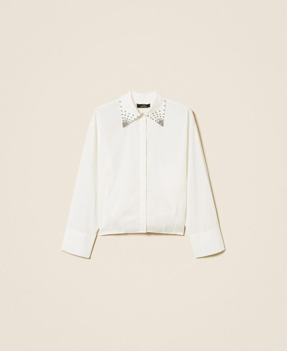 Hemdbluse aus Popeline mit Strass Mattwei&szlig; Frau 261AP2125_00526_S0