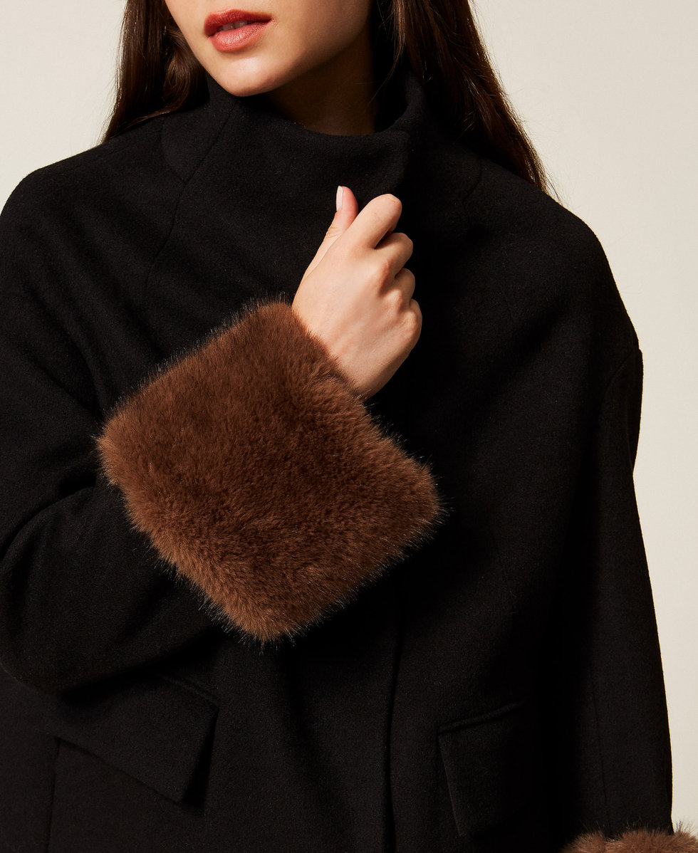 Velour wool cloth coat with faux fur Woman, Black | TWINSET Milano
