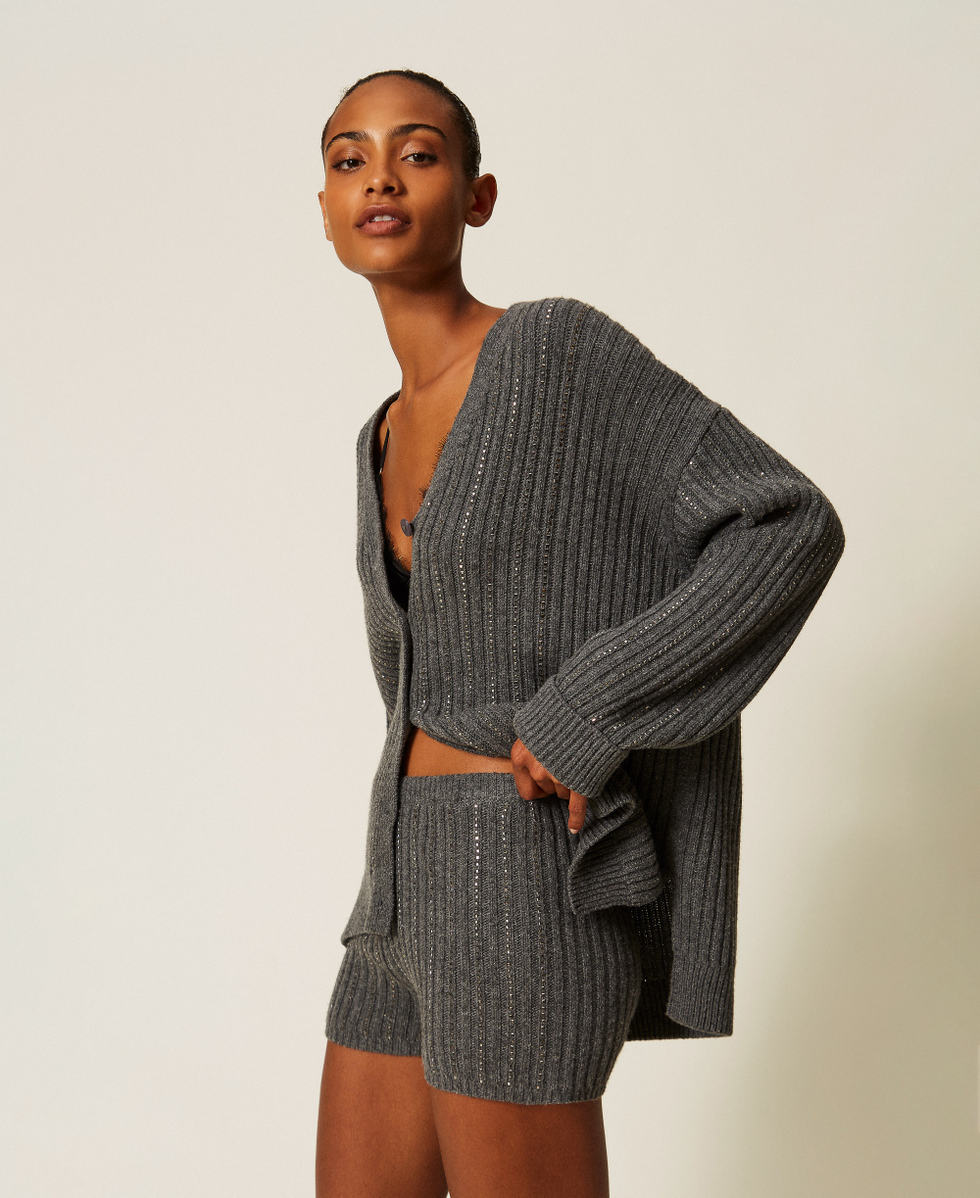 Wool blend knit shorts with rhinestones