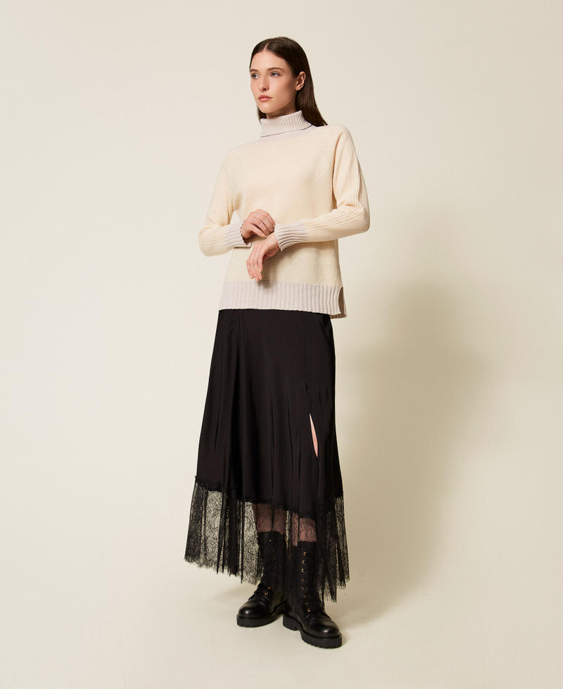 Midi-Rock aus Satin mit Spitze Schwarz Frau 252LL2TCC_00006_01