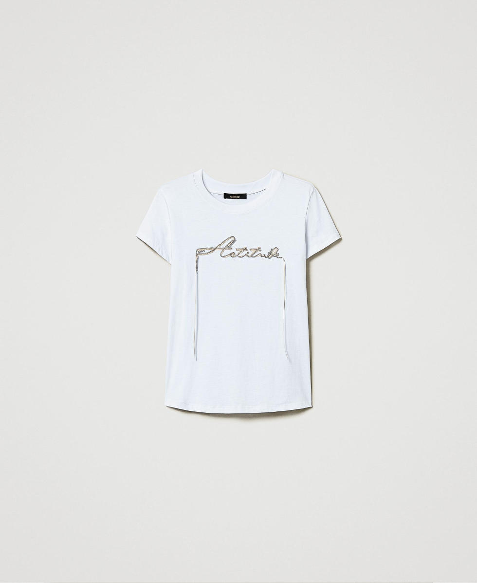 トップスその他 Opening Project Symbol Stitch T Shirt White Rhinestones and logo T-shirt Woman, White | TWINSET Milano