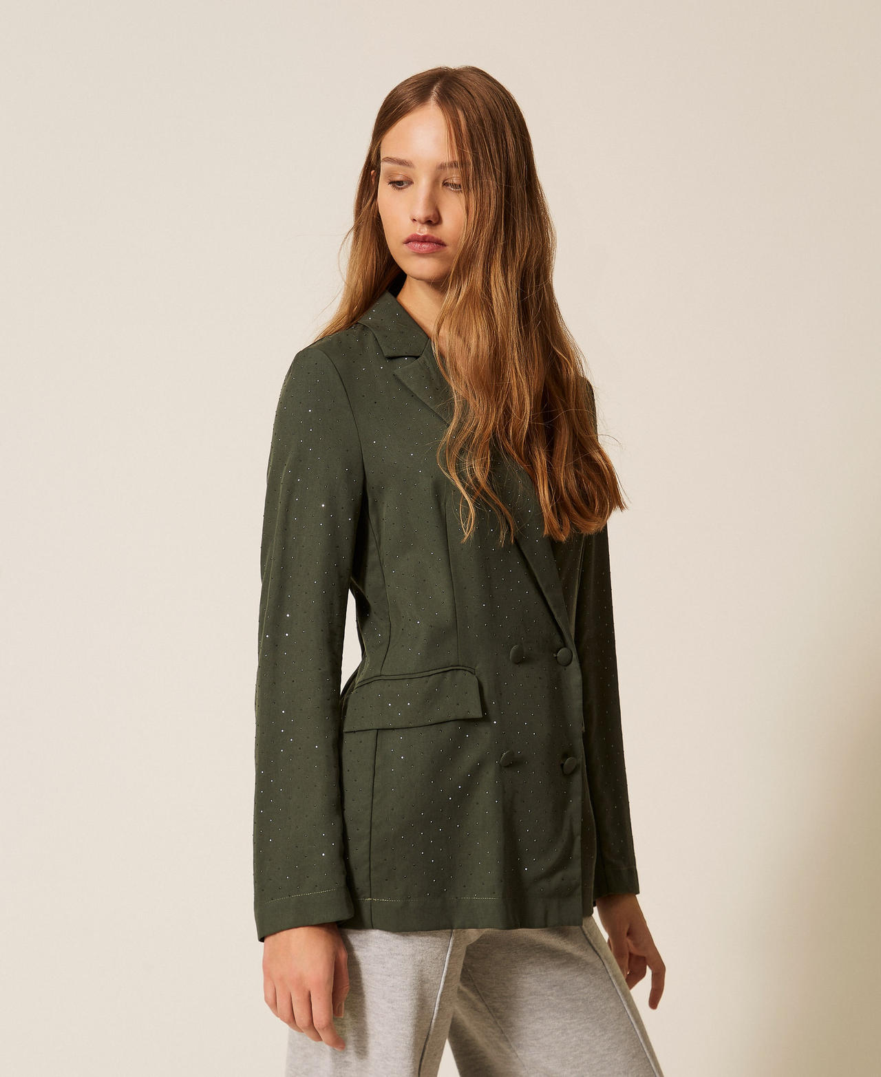 Twill blazer with studs Thyme Green Woman 261LL2PAA_12843_03