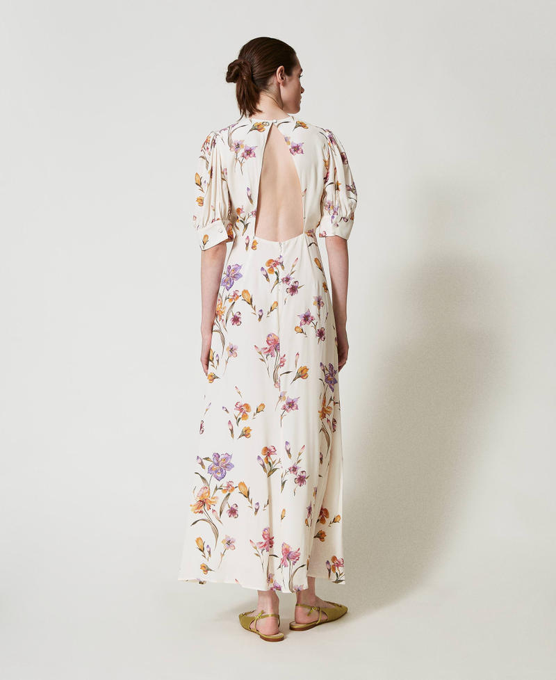 Long cr&ecirc;pe de Chine floral dress Multicolour/Mother of Pearl Iris Print Woman 251TP2770_12329_03