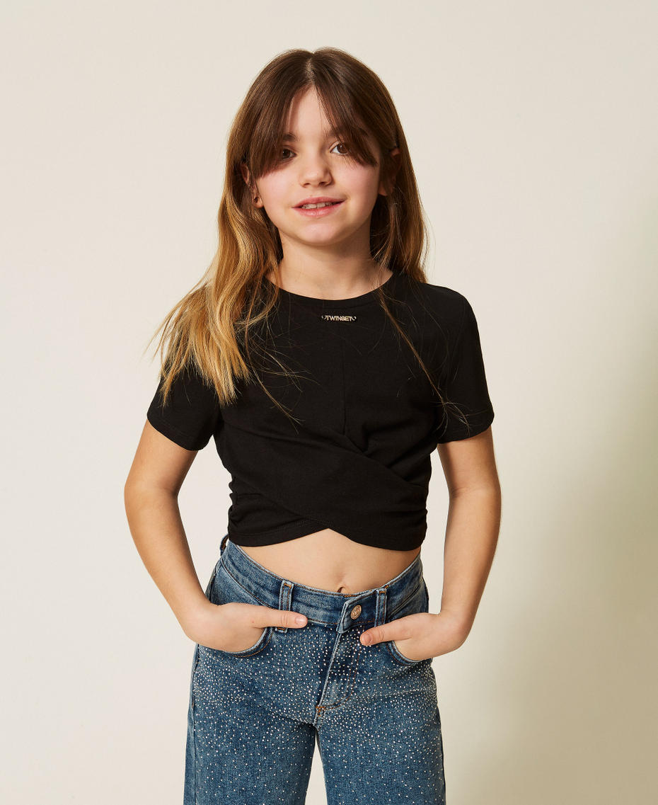 T-shirt con logo e incrocio Nero Bambina 261GJ2256_00006_01