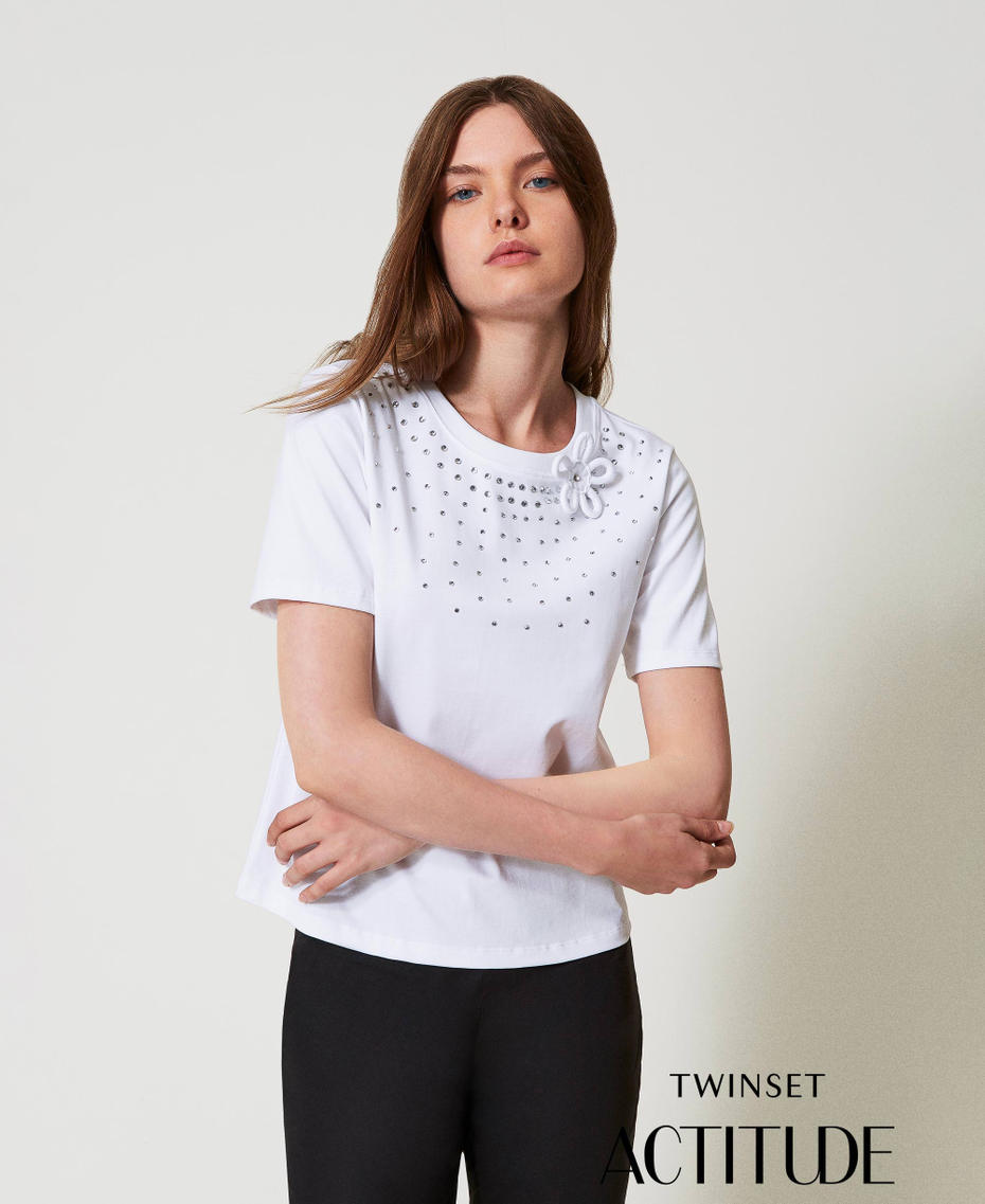 T-shirt regular con strass e fiore Bianco "Papers" Donna 251AP2570_00840_PA