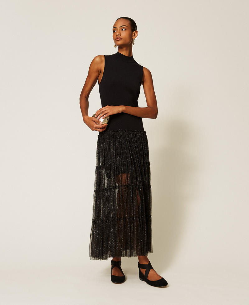 Abito lungo smanicato in maglia e tulle plumetis Nero Donna 262TT3421_00006_01