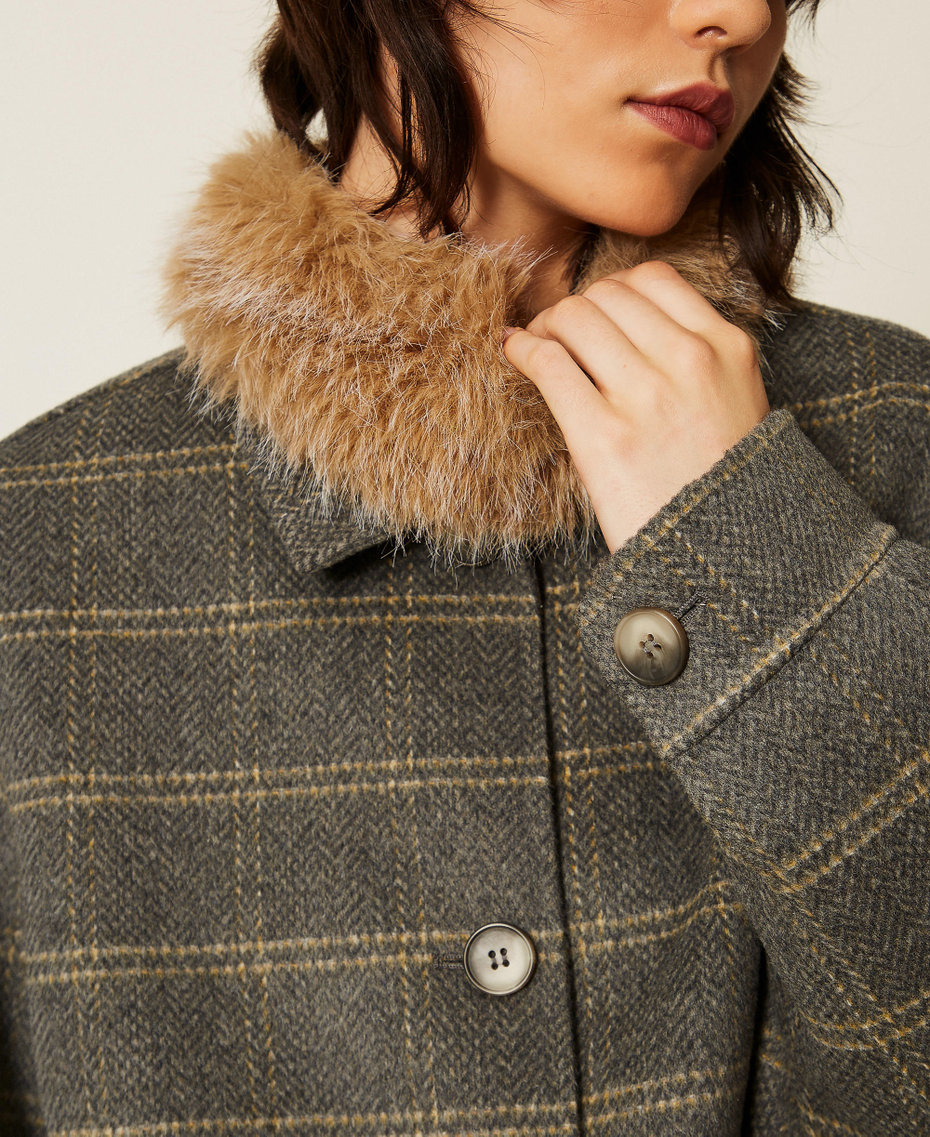 Double check wool caban coat with faux fur Grey Melange/Mustard Check Woman 262TP2221_13841_05