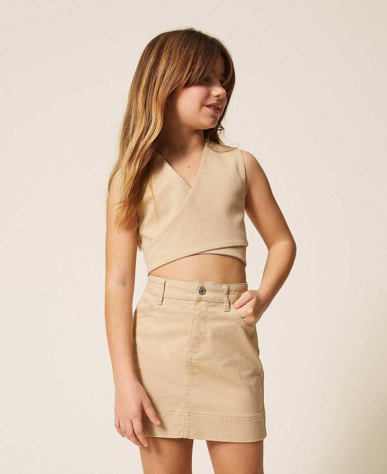 Twinset Girls Safari Beige Bull Denim Miniskirt
