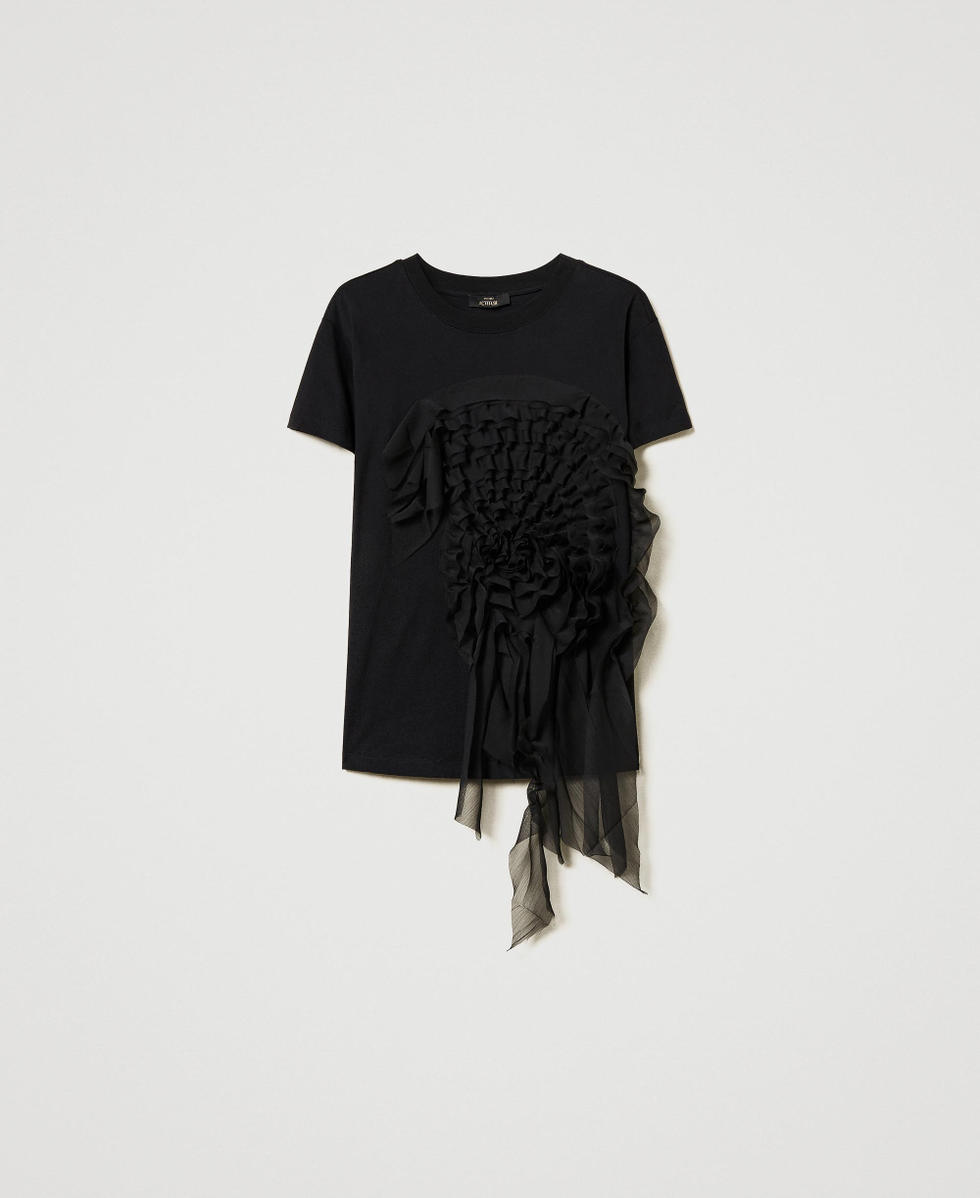 T-shirt con volant in creponne Nero Donna 242AT2121_00006_S0