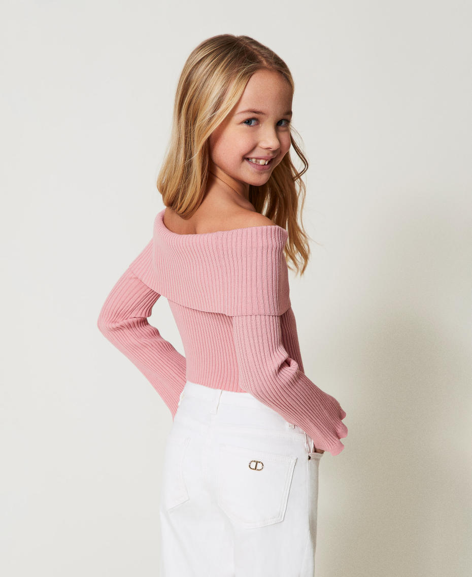 Off-shoulder rib jumper with Oval T Sweet Rose Girl 251GJ3412_00533_04