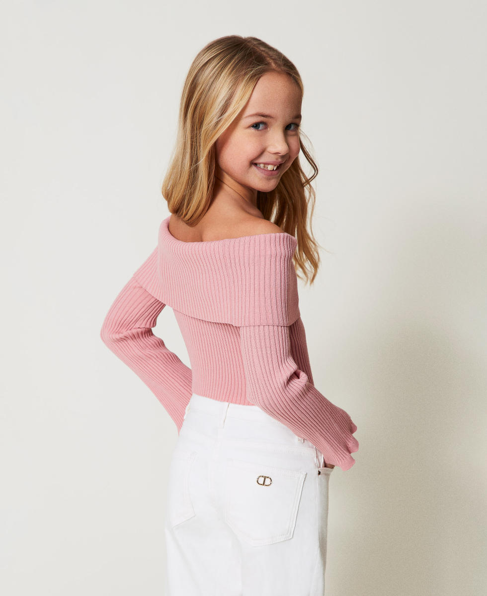 Off-shoulder rib jumper with Oval T