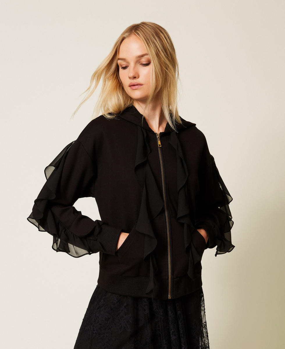 Felpa con volant in georgette Nero Donna 252LI2NBB_00006_04