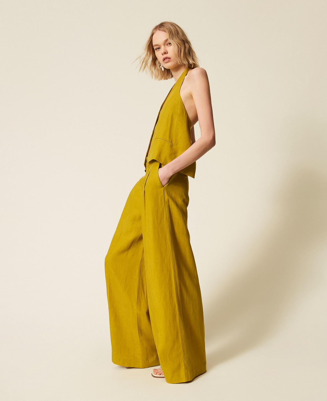 Pantaloni ampi in misto lino Verde "Avocado Oil" Donna 261TT2552_12117_01