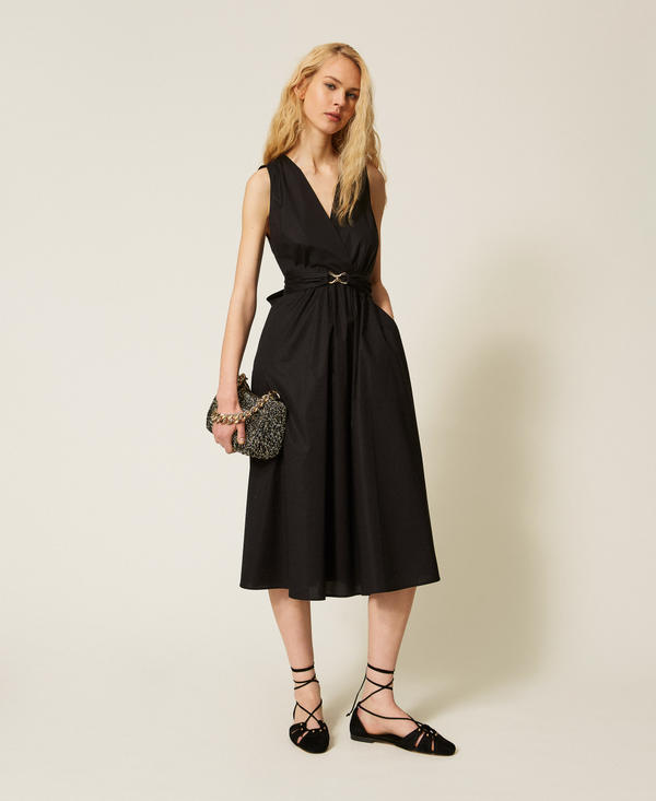 Midi poplin dress with logo belt