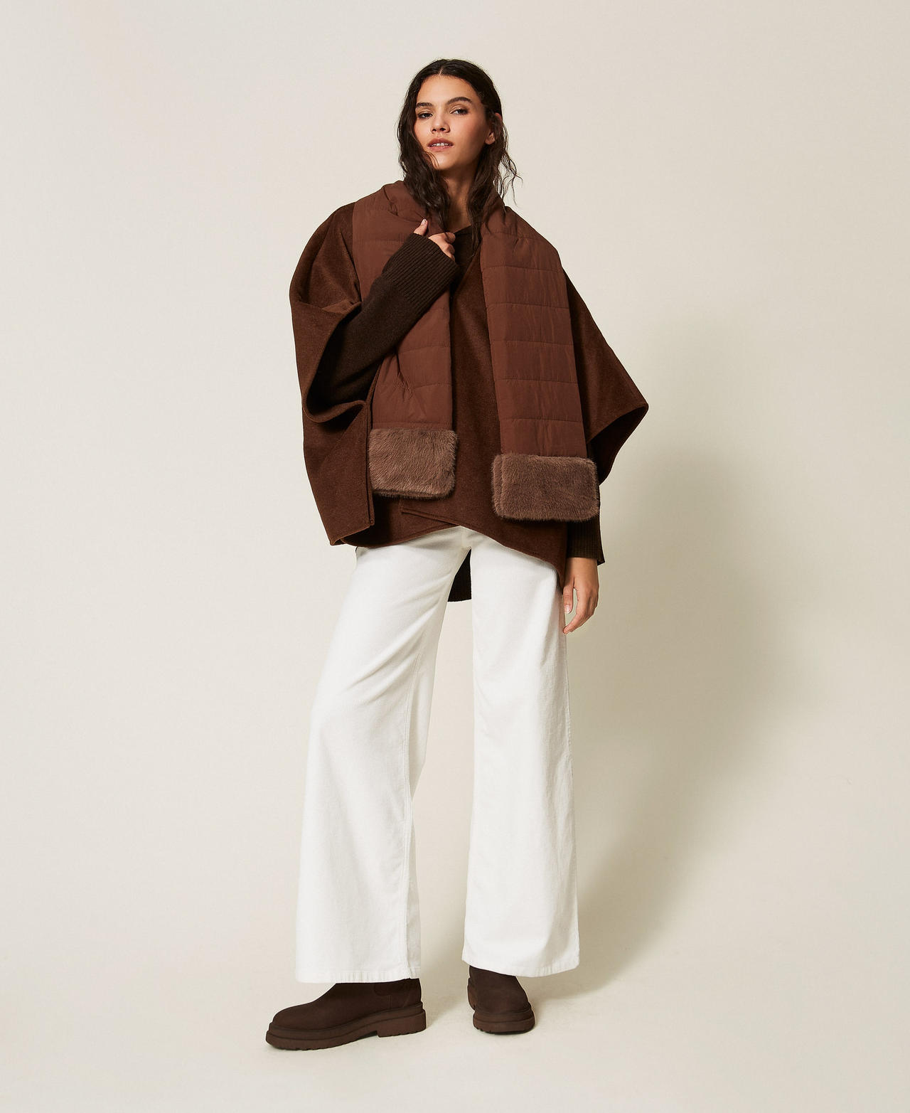 Twinset Donna Poncho In Panno Con Sciarpa Darkness Brown U - Immagine 1