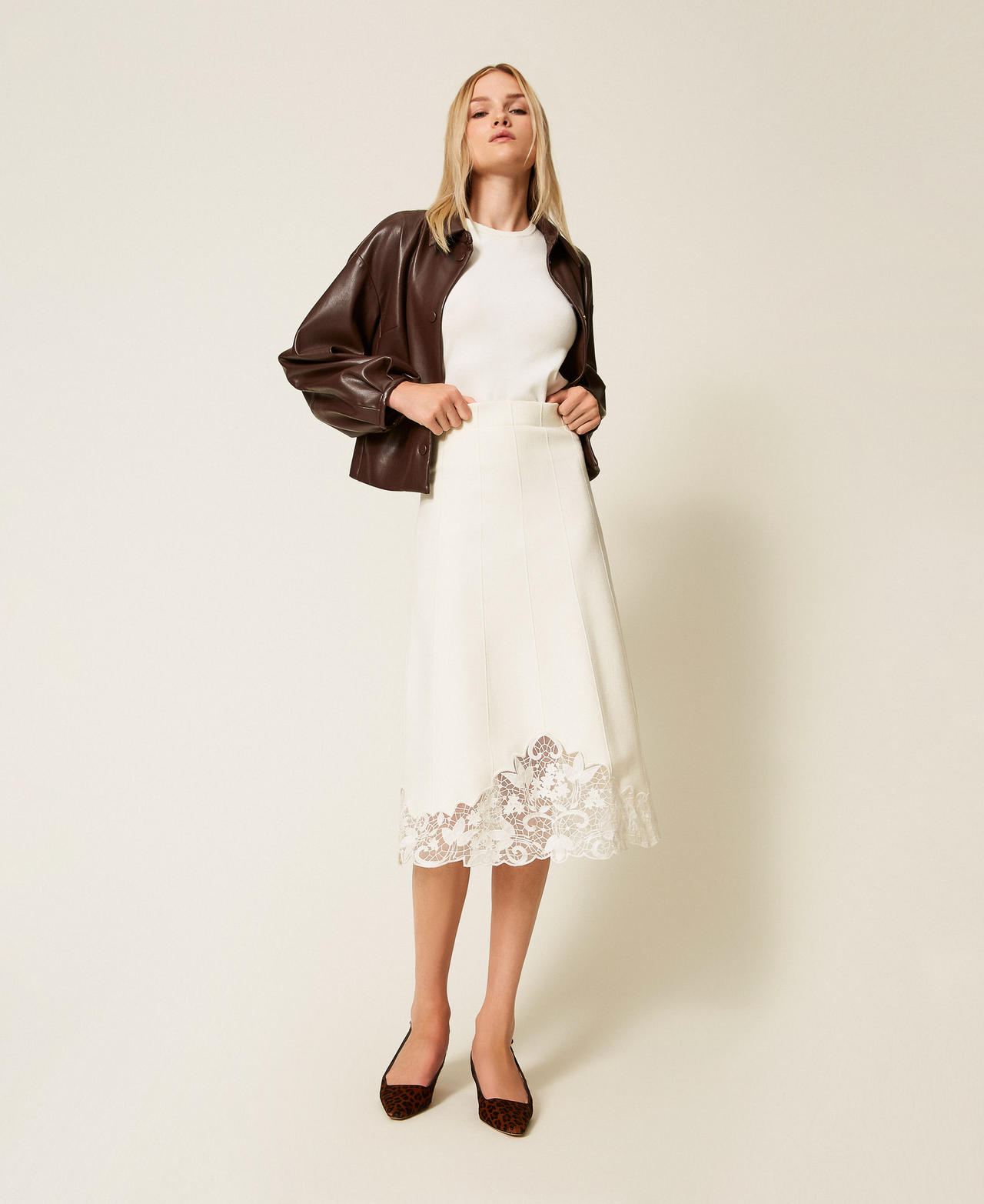 Midi-Strickrock mit Organza Weiß Schnee Frau 252TP3407_00282_01