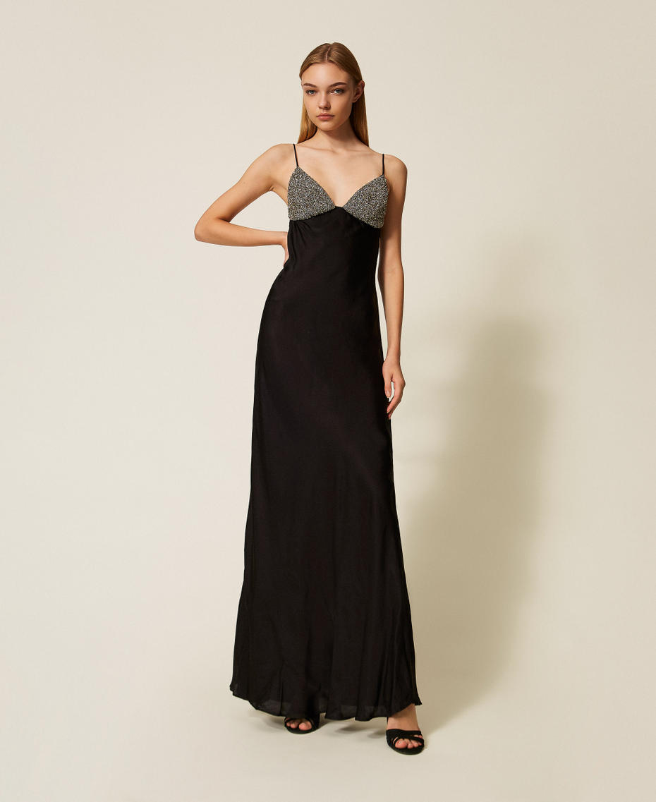 Long satin dress with embroidery Black Woman 252TT2130_00006_01