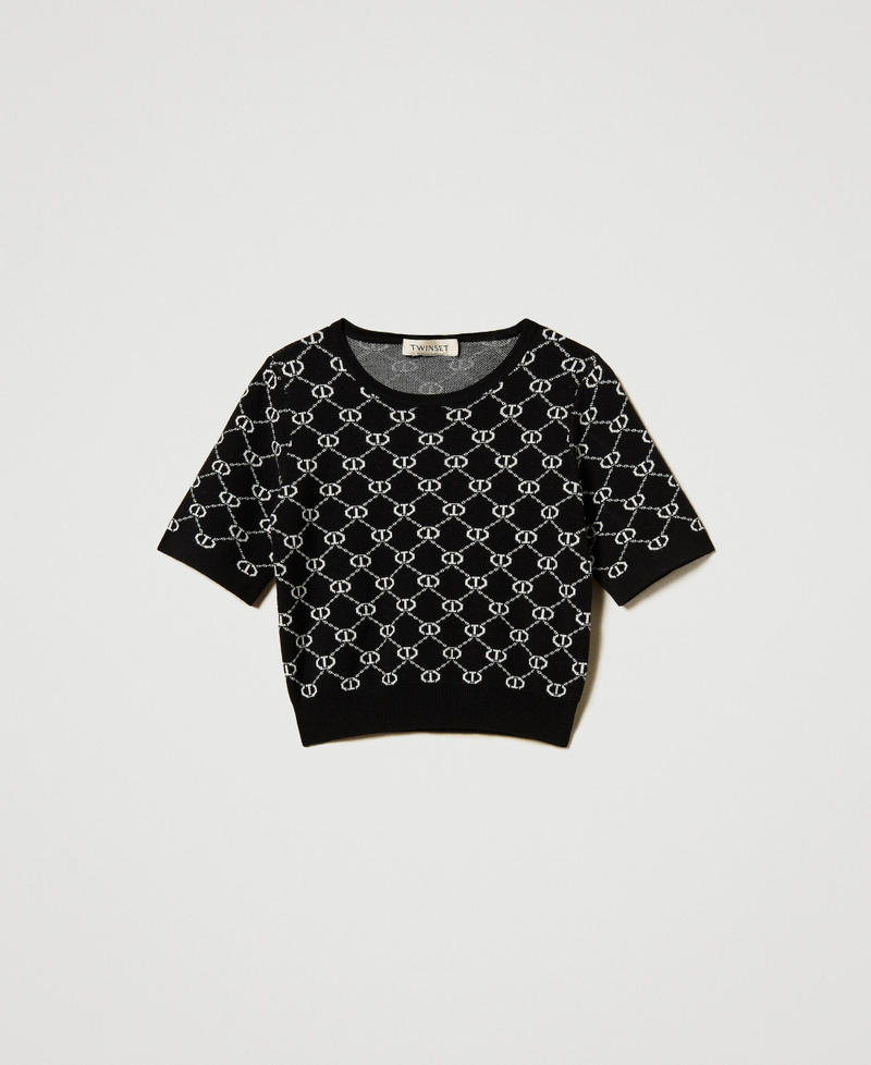 Rundhalspullover mit „Oval T“-Jacquarddessin Zweifarbig Schwarz / Eisweiß Mädchen 251GJ3QX1_02851_0S