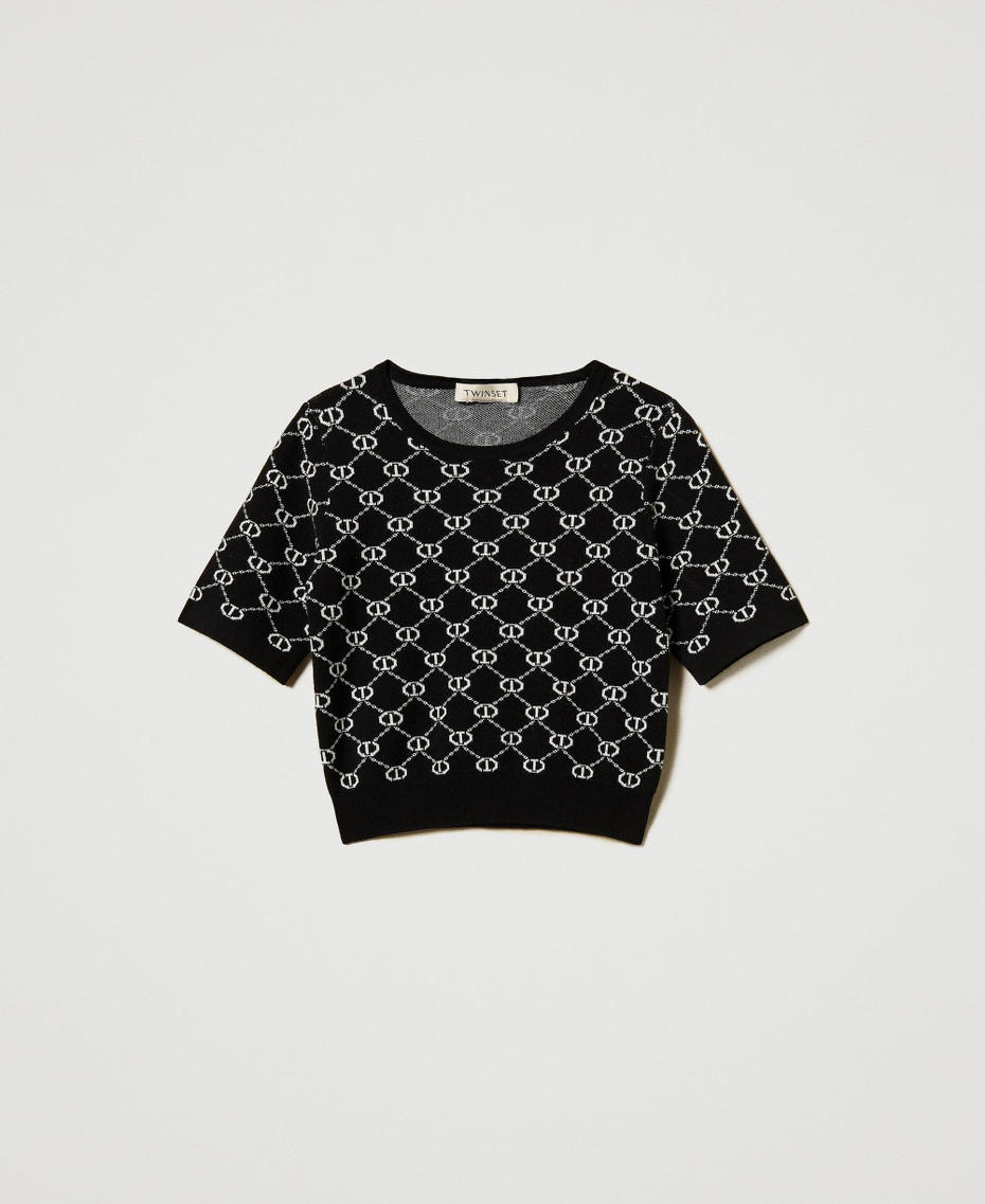 Rundhalspullover mit „Oval T“-Jacquarddessin Zweifarbig Schwarz / Eisweiß Mädchen 251GJ3QX1_02851_S0
