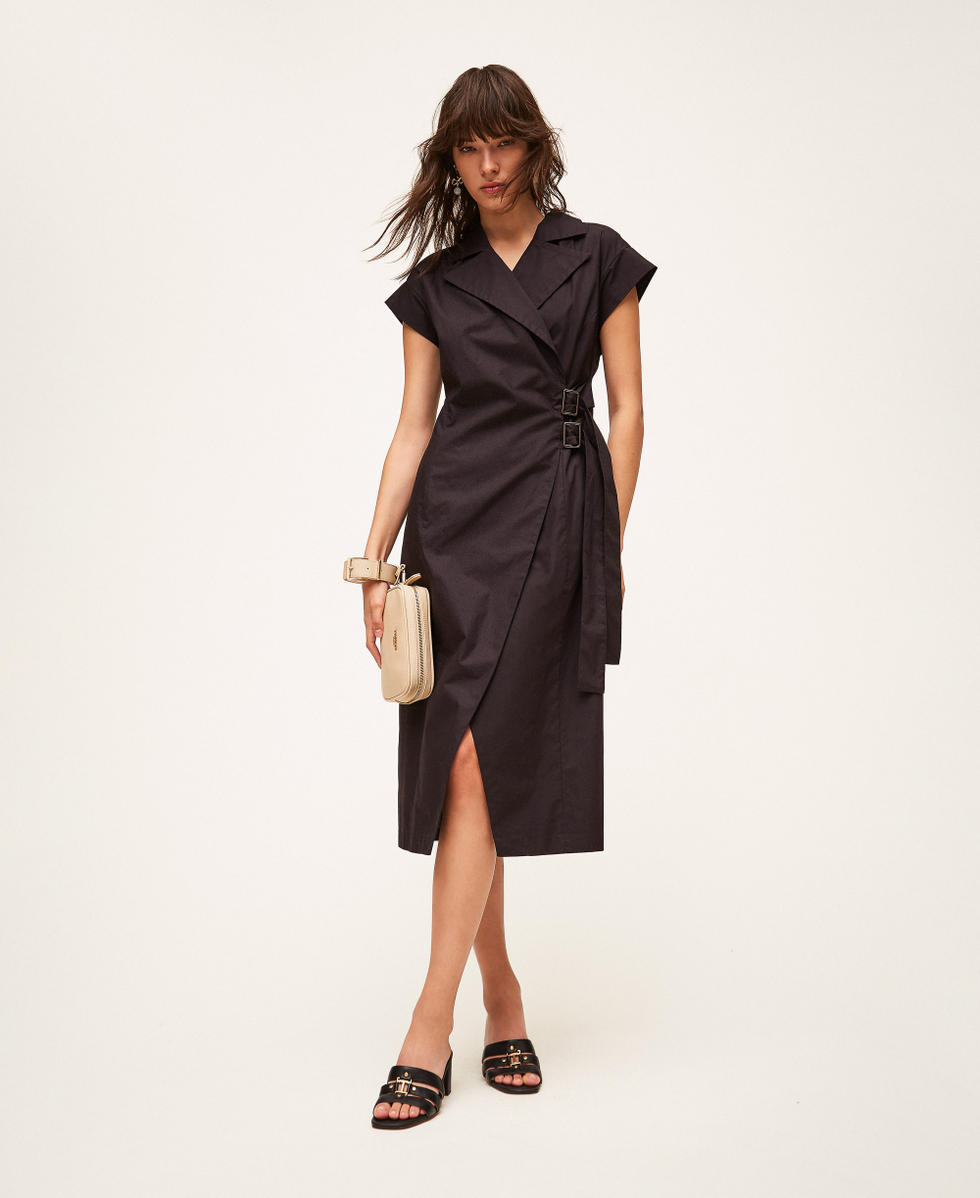 Robe midi en popeline recycl&eacute;e Noir Femme 261AP2086_00006_01