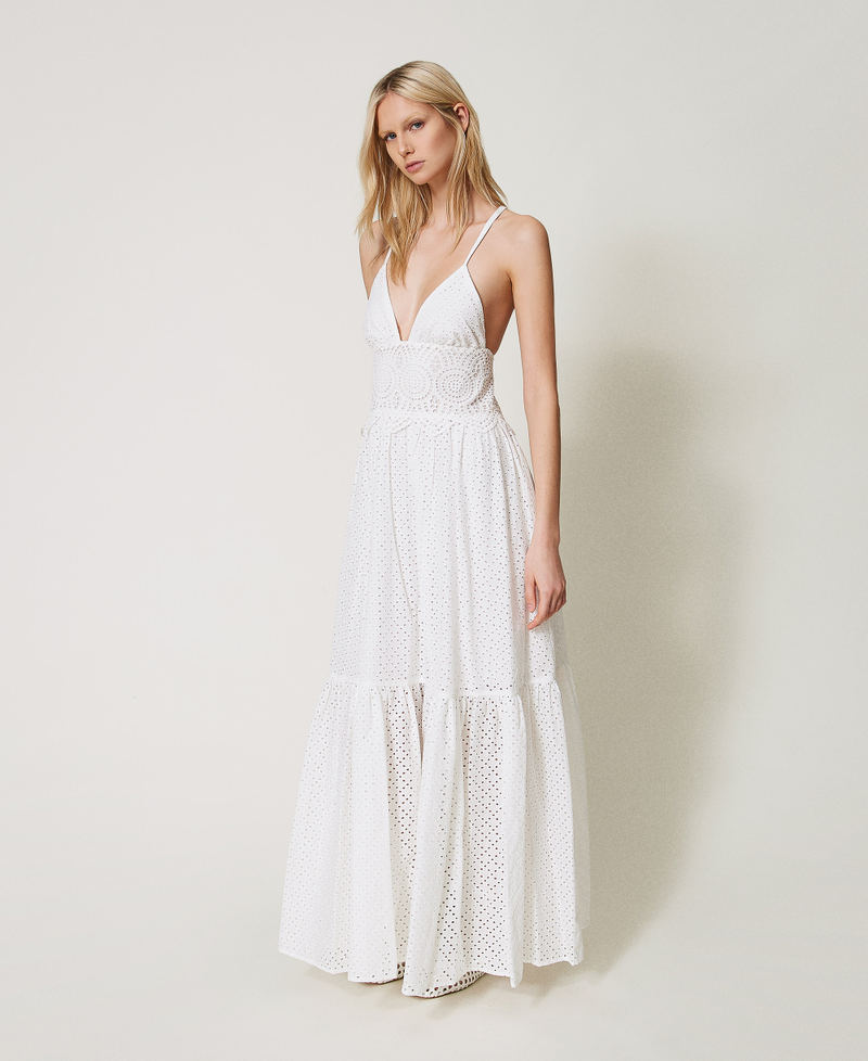 Long dress in broderie anglaise and crochet Sugar White Woman 251LM2VFF_00632_02