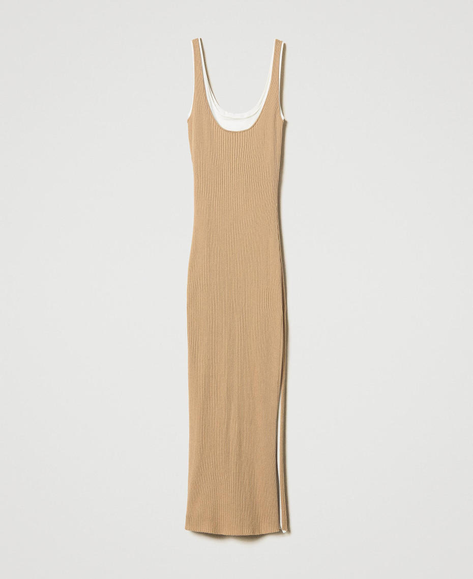 Long trompe-l'œil fitted knit dress Two-tone Rope Beige/Snow Woman 251TE3014_12292_S0