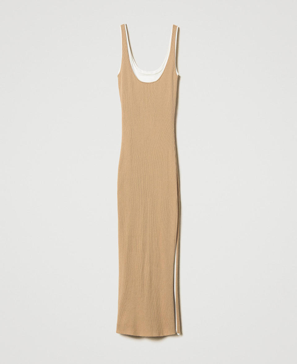 Long trompe-l'œil fitted knit dress Two-tone Rope Beige/Snow Woman 251TE3014_12292_S0