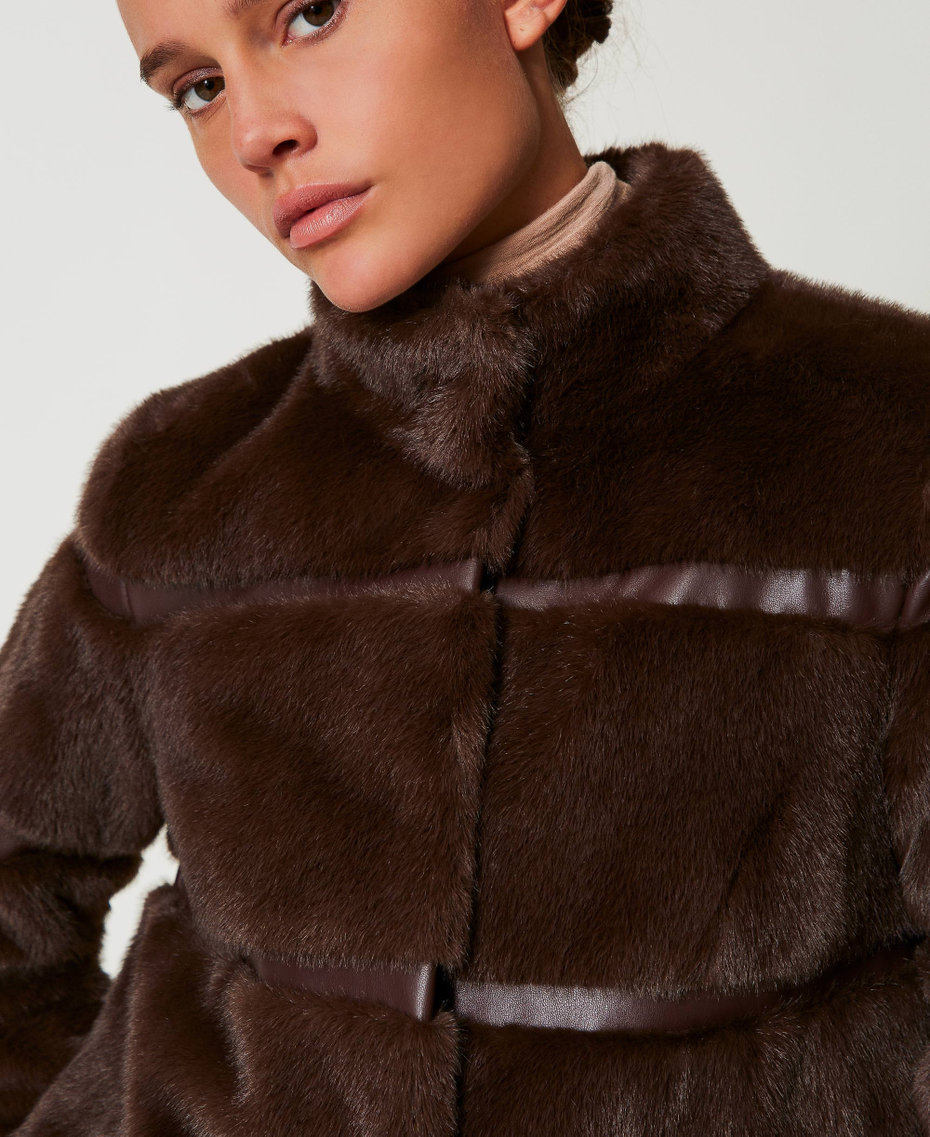 Short faux fur coat with inlays Coffee Chocolate Woman 242TT2022_11946_05