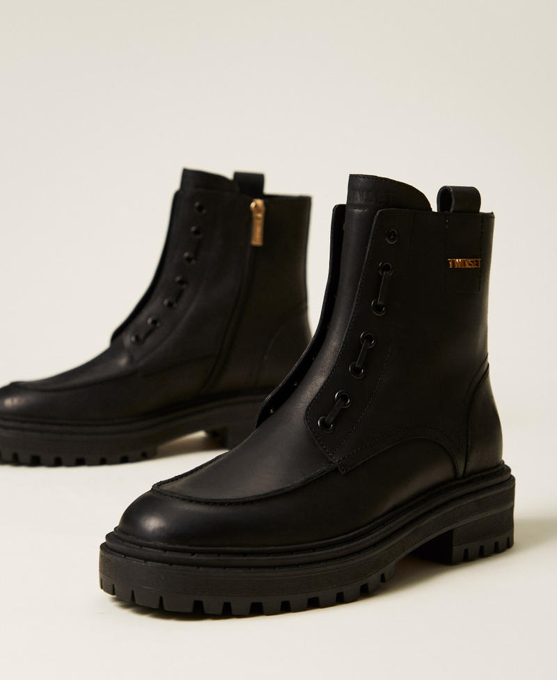 Leather chunky boots with logo Black Woman 252TCP184_00006_02