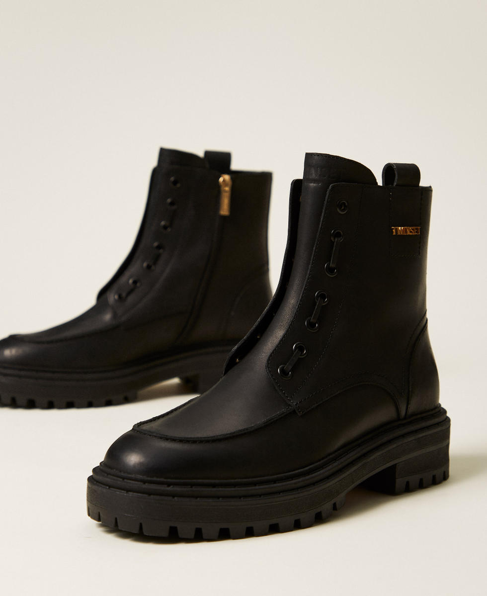 Leather chunky boots with logo Black Woman 252TCP184_00006_02