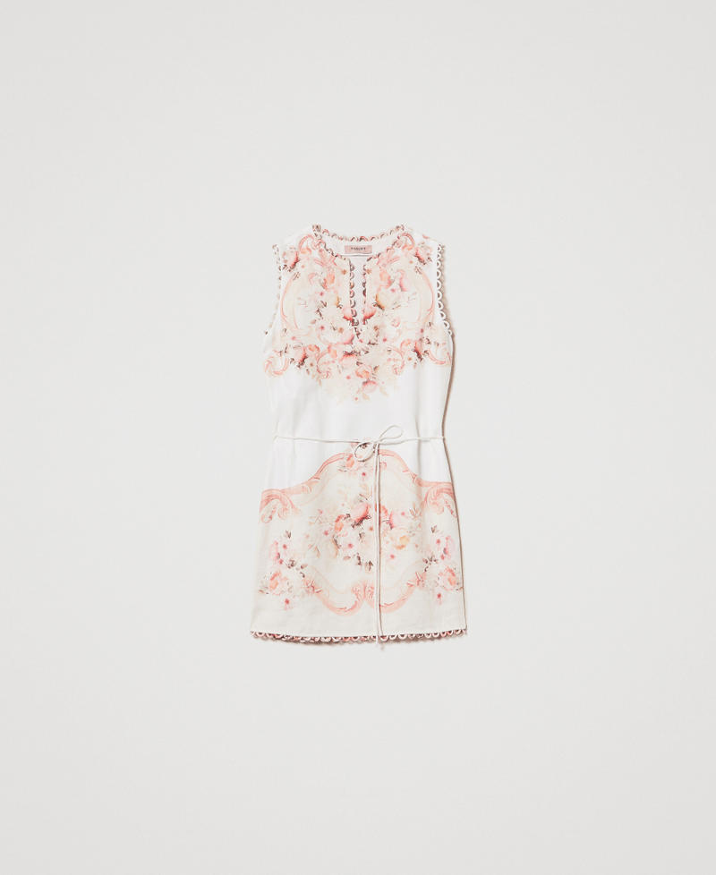 Short dress in printed linen Flowers Tapestry Dusty Coral Shade Print Woman 251TT2441_12527_S0
