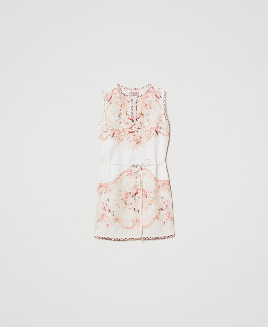 Short dress in printed linen Flowers Tapestry Dusty Coral Shade Print Woman 251TT2441_12527_S0